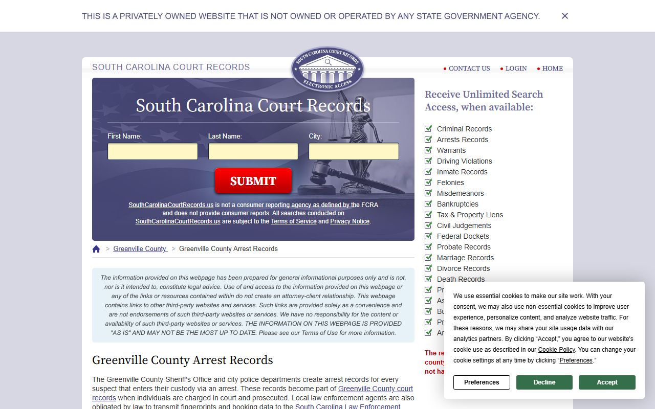 Greenville County police records and criminal background search information