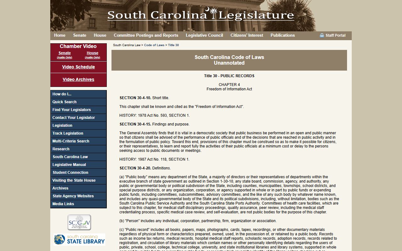 South Carolina Freedom of Information Act statutes governing police records access