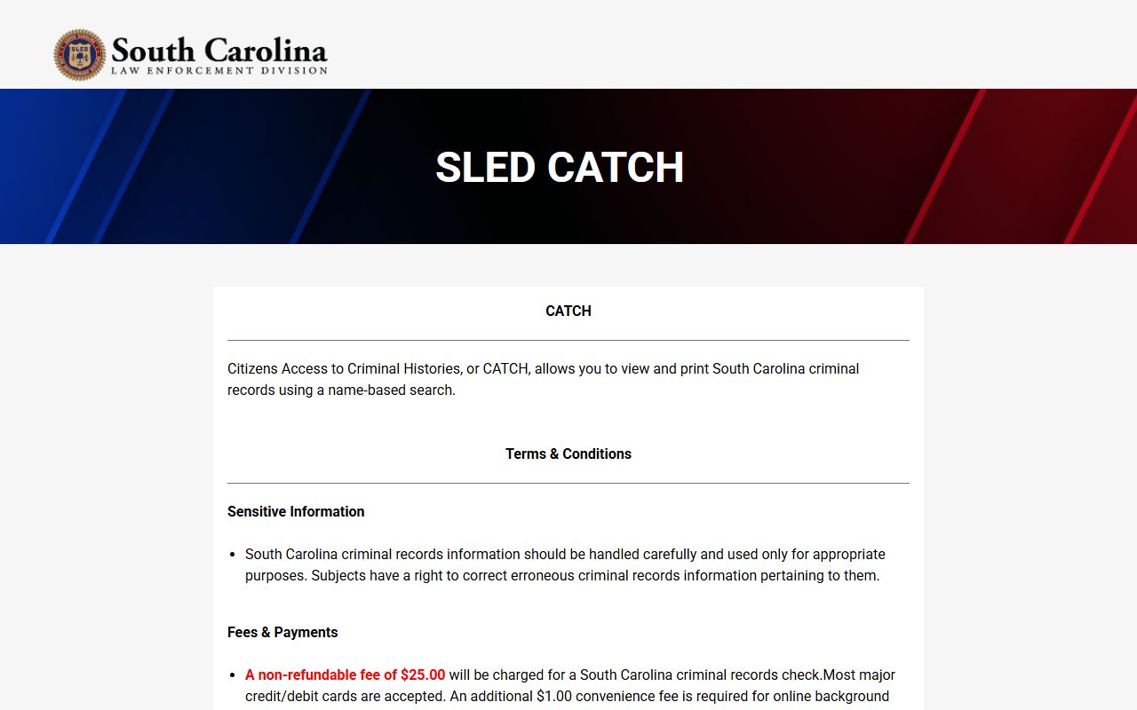 SLED CATCH portal for searching South Carolina criminal history records